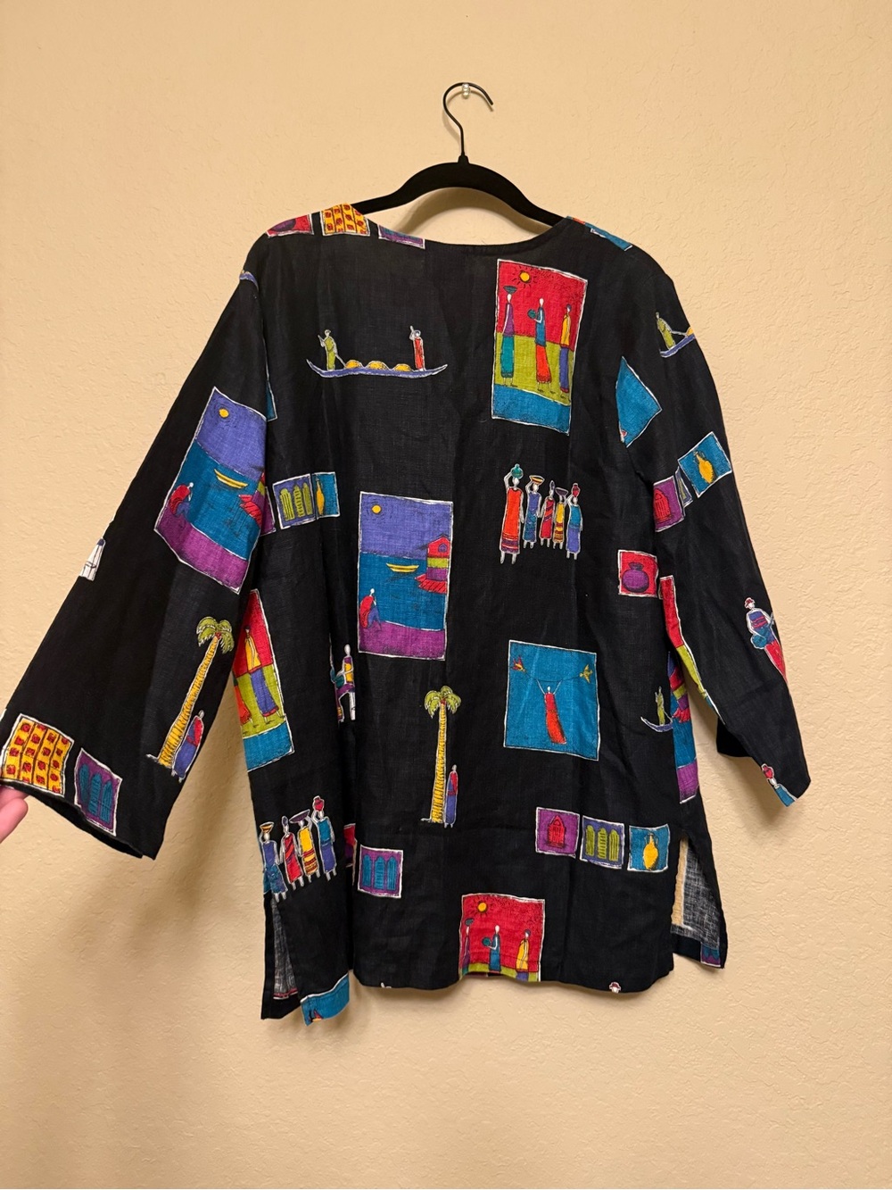 Hot Cotton 100% Linen Art Print Button Front Jacket Large Colorful Tunic Top